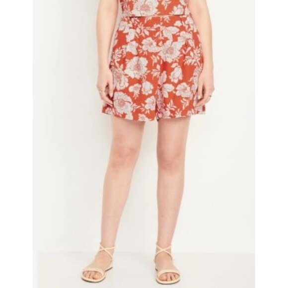 Womens Red & White Floral High-Waisted Linen Blend Shorts Size S